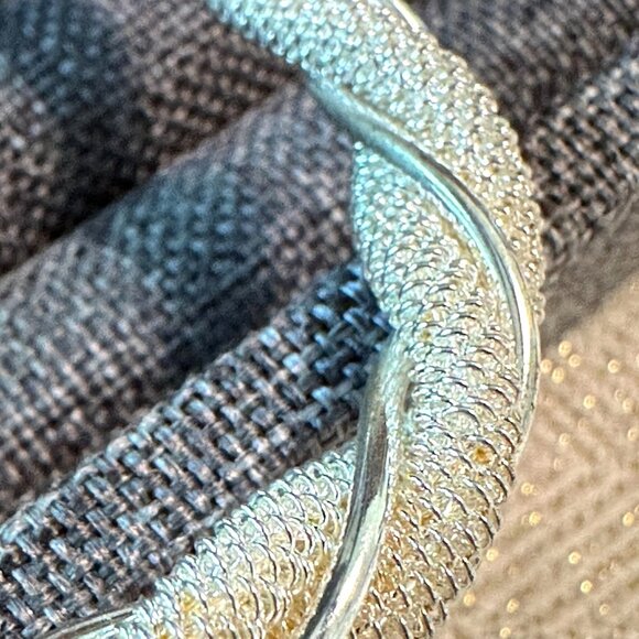 Silver-Tone Open Cuff Bracelet With Twisted Mesh Design & Polished End Caps - Picture 5 of 6